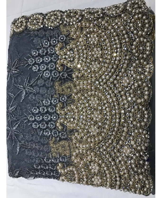 Дизайнерская длинная праздничная одежда banarasi серого цвета, тяжелая вышивка жемчугом, работы с бриллиантами, сари с блузкой, сари для дам (1700001134073)