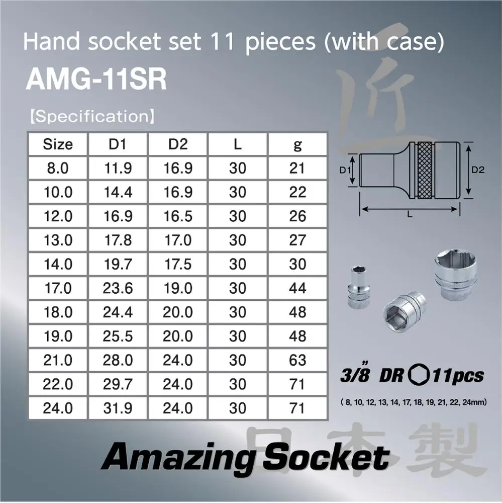 
Japan hot sale wrench tools 3/8 DR Hand socket set 11 pieces (with case) 
