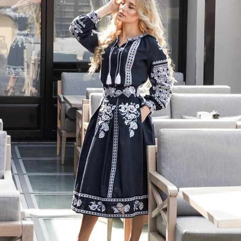 Dark Blue ukrainian Dress with tassel ukranian blouse vintage look dress full sleeve