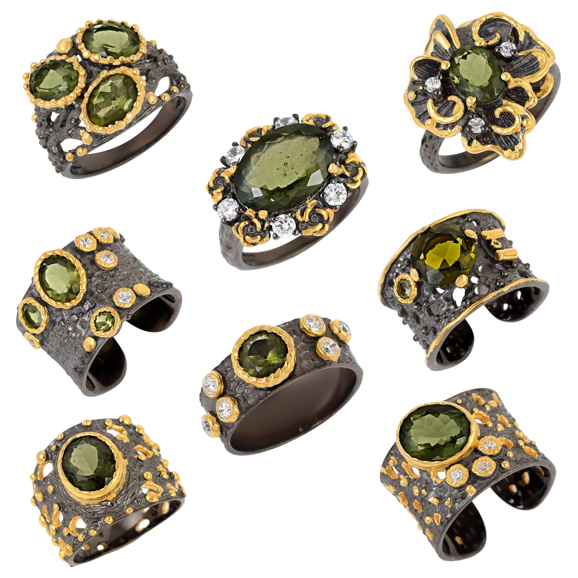 925 Sterling Silver Black Rhodium Gold Plated Tree Branch Moldavite Gemstone Cocktail Ring Cubic Zirconia Stone Fine Jewelry