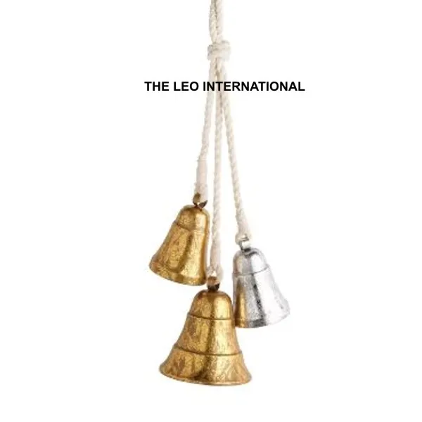 Metal Christmas bells set of 3 golden silver foil finish white thick ropes 2X2X2 and 3X3X3 Inch hanging ornaments festival gifts