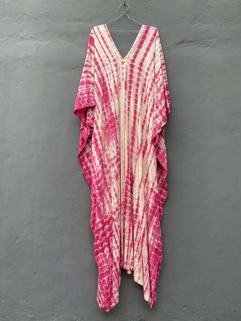 2022 Summer Spring Tie Dye Kaftan V-Neck Pink Color Long Sleeve Summer Kaftan Beach cover Up Kaftan Maxi Dress