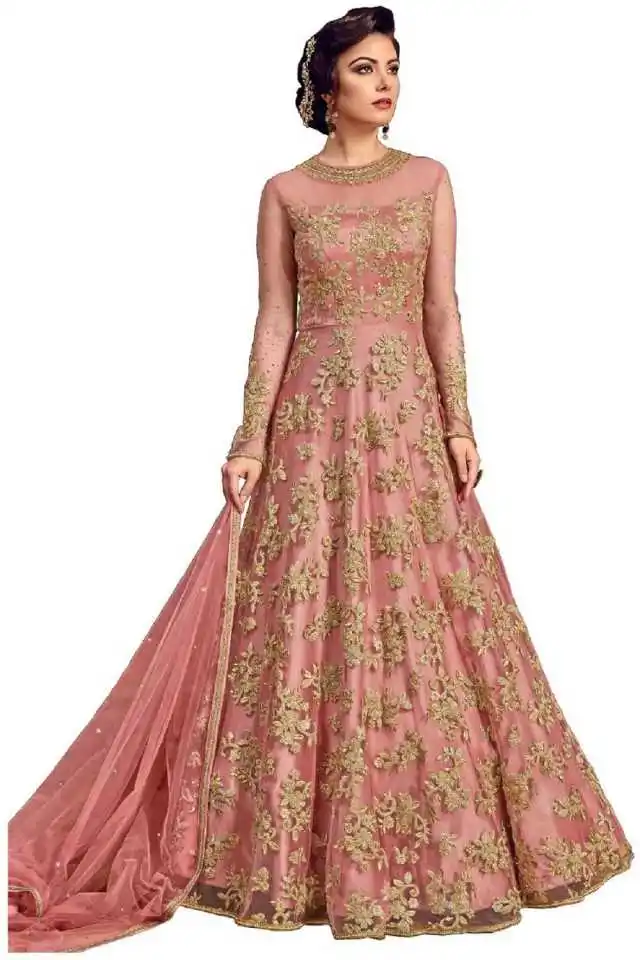 NEW DESIGNER EMBROIDERED NET SEMI  STITCHED ANARKALI GOWN BY OMVAGMINE