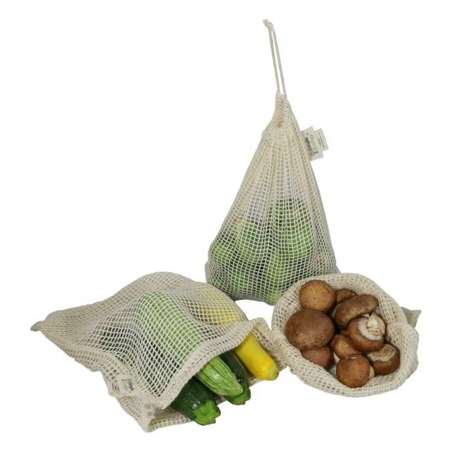 Reusable Eco Friendly 100% Organic Mesh Drawstring Storage Net Bag Cotton Mesh Bags Set for Fruit Vegetable Laundry