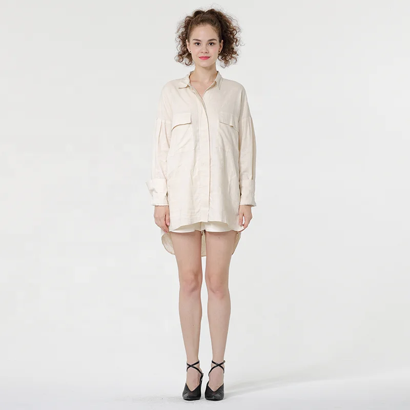 2021 Korea Spring Large Size Loose Dress Casual Ladies Cotton Linen Long Sleeve Dress Shirt Women