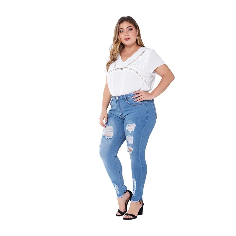Womens Oversized Fashion High Stretch Holes Jeans Skinny Denim Trousers