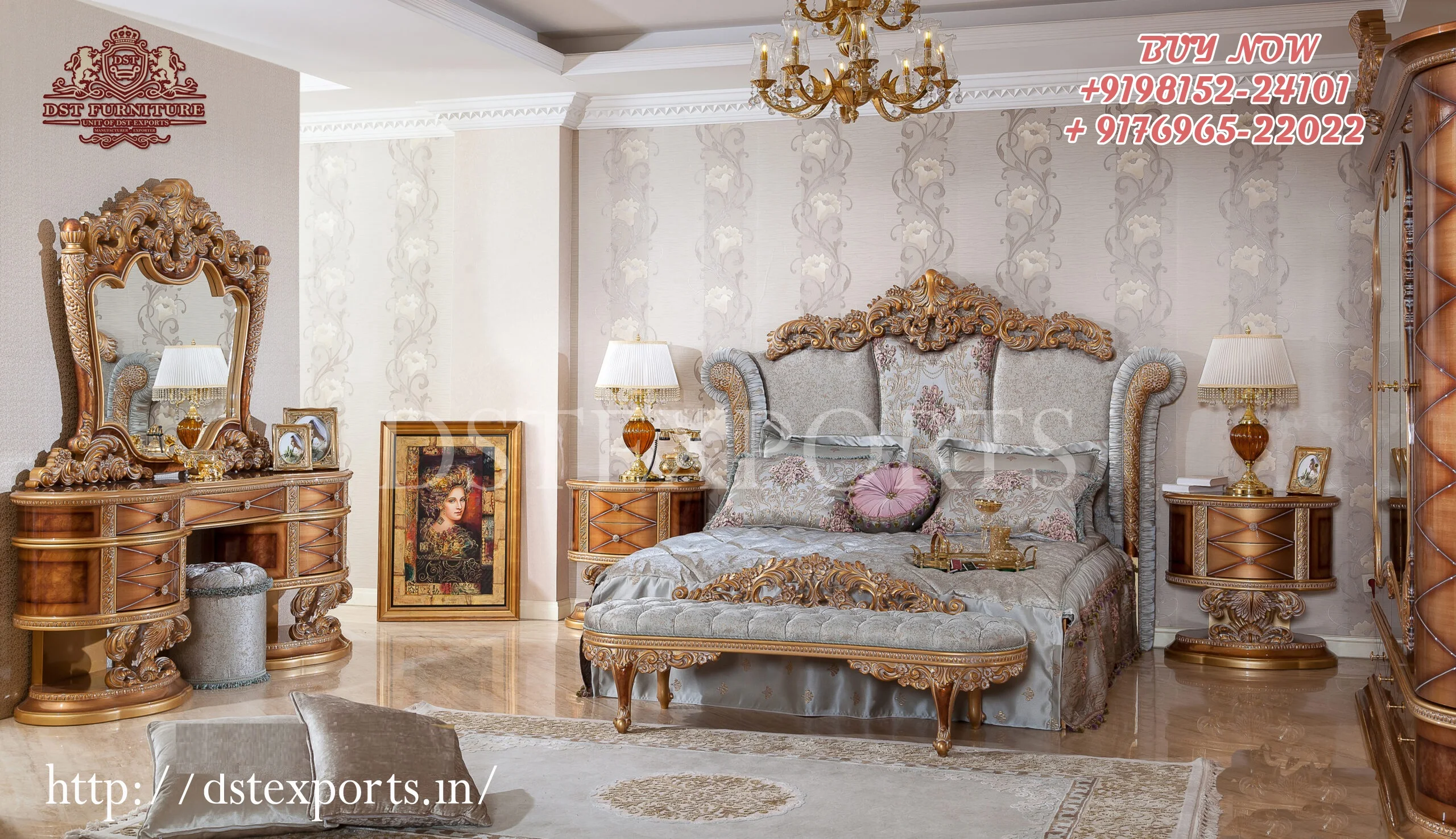 Королевская Резная Кровать во французском стиле роскошная большого размера с бриллиантами и боковыми столами Королевский резной комплект кровати серебряной