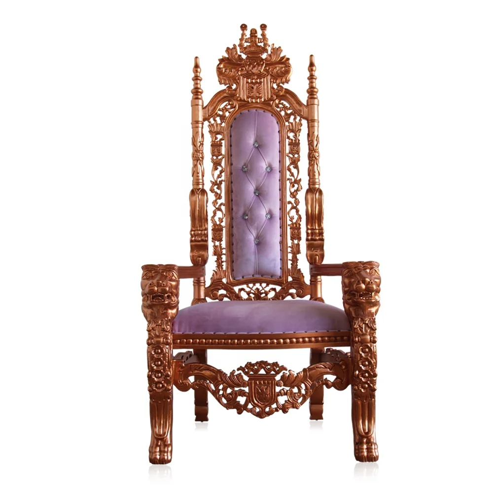 Royal Luxury Antique Solid Wood Lion Head Throne Chairs Classic French Design Purple King and Queen Throne for Hotels