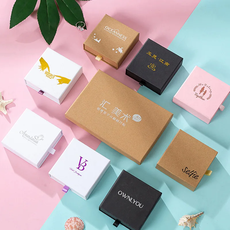 Small Moq Pull-out Style Gift Box Kraft PaperJewelry Custom Logo Bracelet Necklace Earrings Ring Packaging Cardboard Box