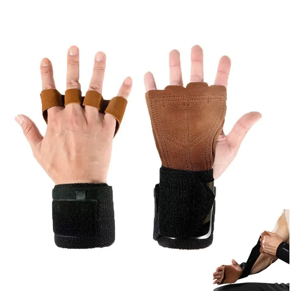 Кожаные перчатки для тяжелой атлетики, защита ладони с запястьями, поддержка тренировочных ремней для мужчин и женщин