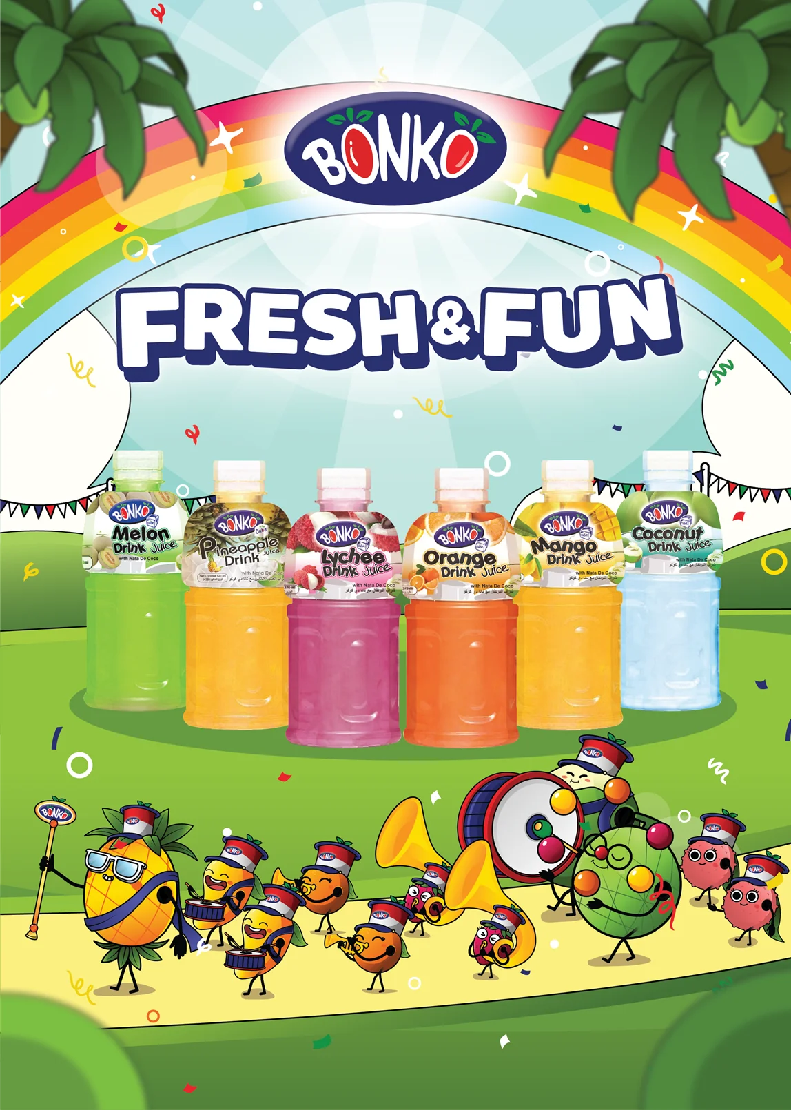 Fruit Drink Juice Strawberry with Nata De Coco 320ml Plastic bottle BONKO cube brand. Bottle water beverage , Made in Thailand.