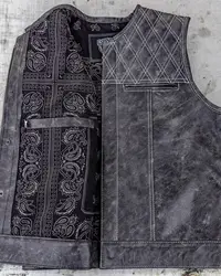Mens Biker Style Denim Club Vest Side Lace Waistcoat With Real Leather Trim Motorcycle Vest for Men