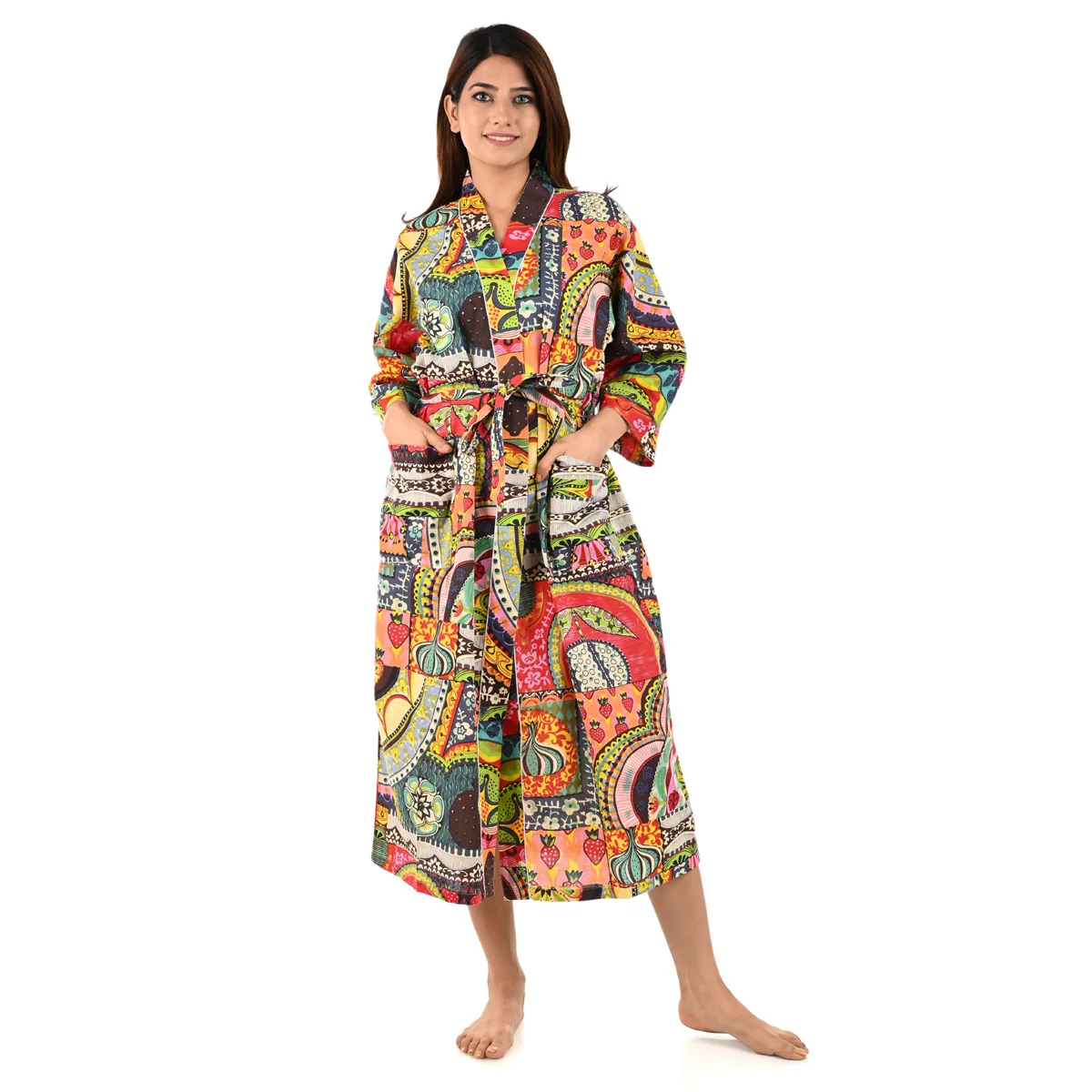 Женское длинное банное кимоно из хлопка с принтом