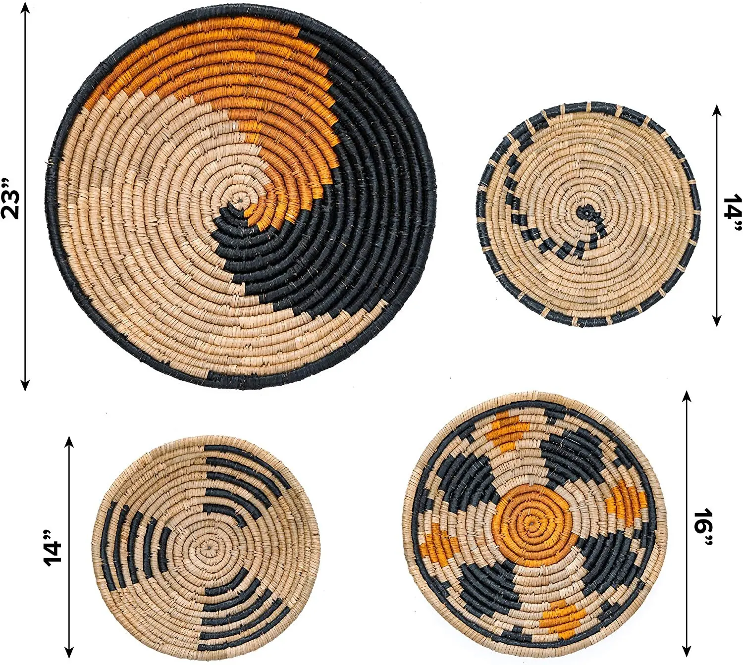 Wicker Wall Basket Decor Set of 4 Oversized, Hanging Natural Woven Seagrass Flat Baskets, Round Boho Wall Basket Decor