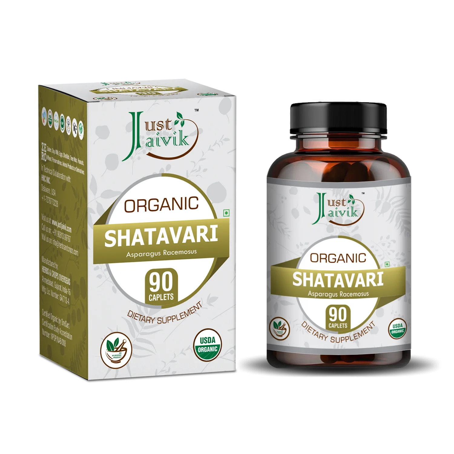 Just Jaivik Organic Shatavari Caplets (Asparagus racemosus) - 750mg, 90counts