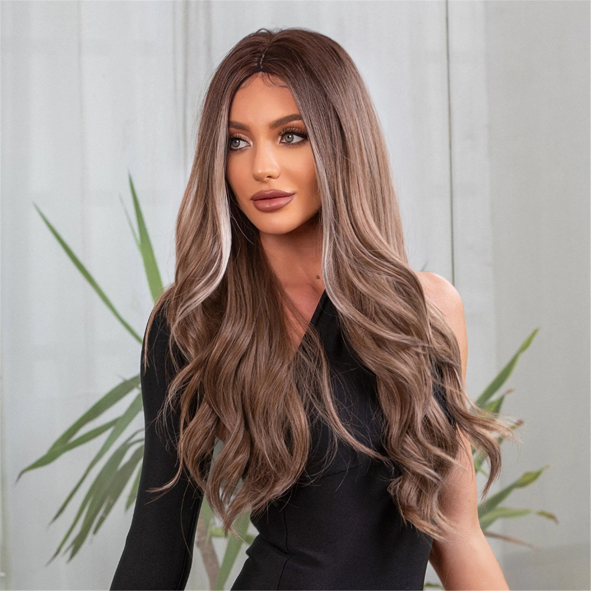 BVR wholesale Wig synthetic hair High Quality Heat Resistant fiber long wavy brown mixed Synthetic Wigs for daily