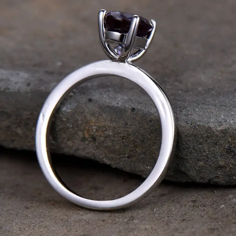 Alexandrite Ring Plain Gold Band 6x8mm Oval Color Changing Gemstone Engagement White Plated Sterling Silver Jewelry