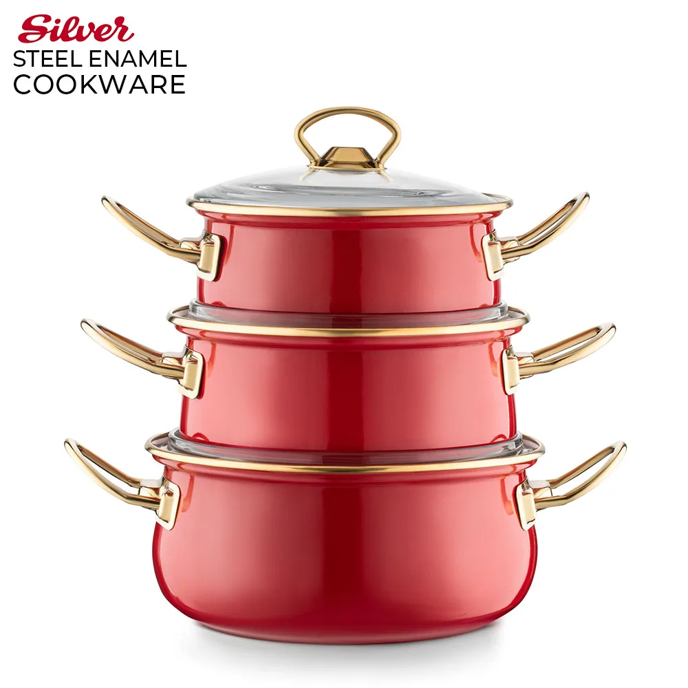 Steel Enamel Cookware Set Triple Cooking pot set casserole dutch oven Hot selling colorful stainless Made In TURKEY