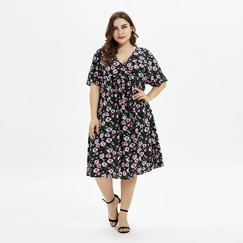 OEM ODM Black Color Deep V-Neck Plus Size Oversize Pink Flower Printed Clothing Big Women Casual Dress