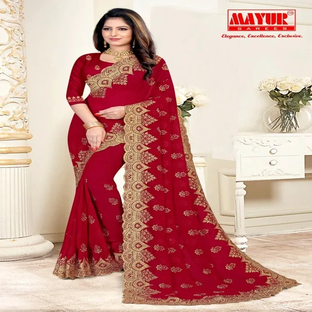 
Сари Mayur, новинка, крепкий жоржет красного цвета с вышивкой, сари с камнями 