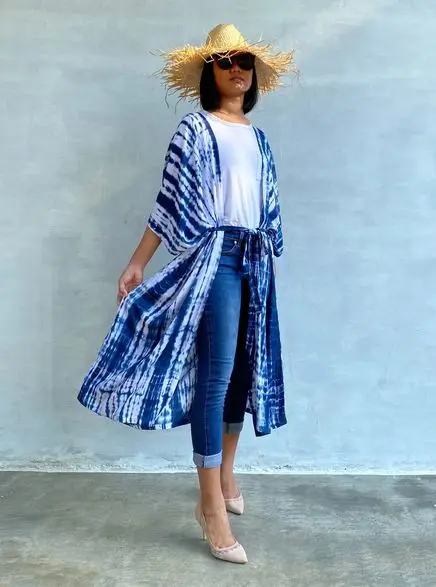 Kimono Beach Cover Up With Trim Detail Open Front Beach Wear Beach Cover Up Red Trim Kimono Cover Up  Kimono Blouse