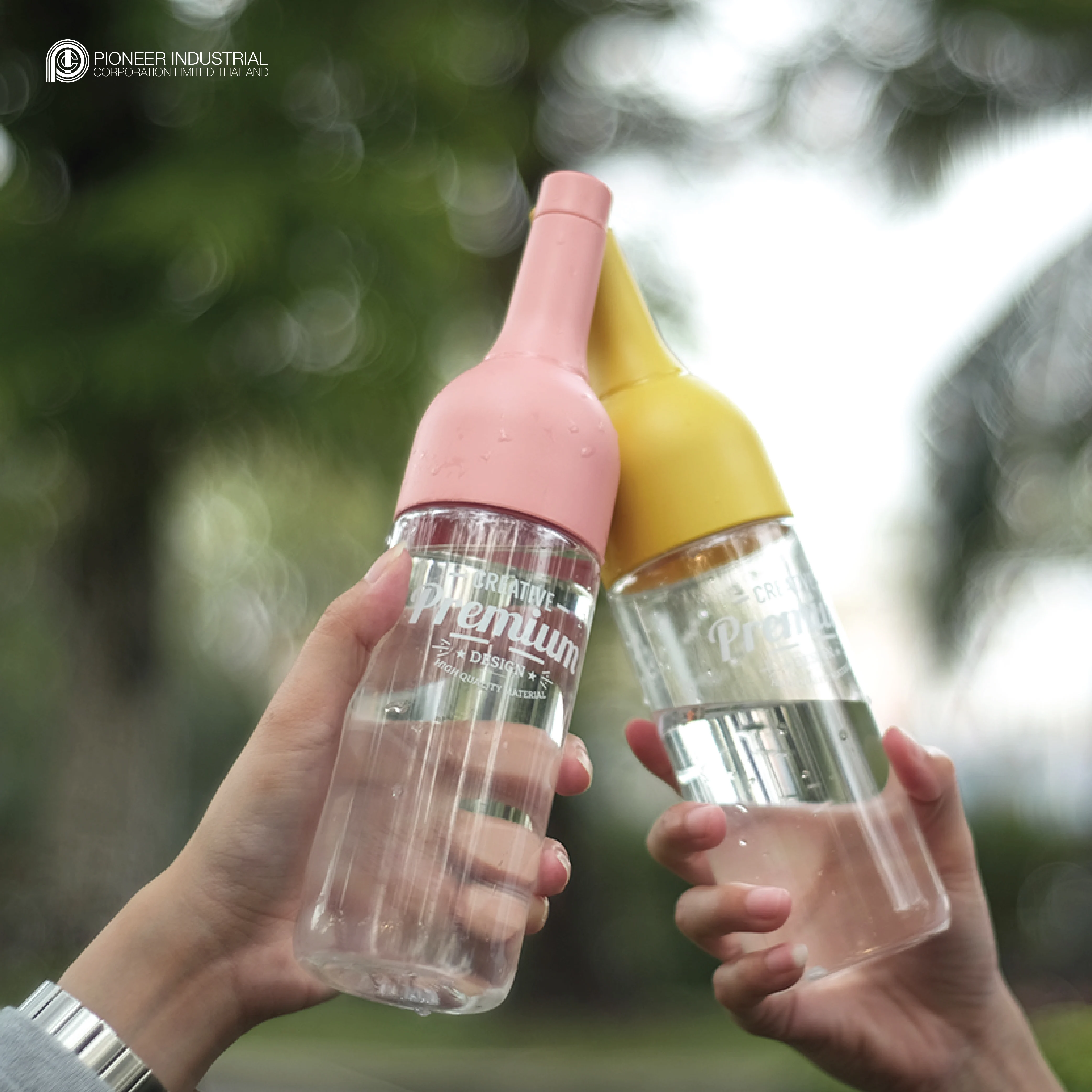 Designed water bottle wine bottle shape water bottle for girls stylish plastic grade food PET from Thailand xmas gift tags