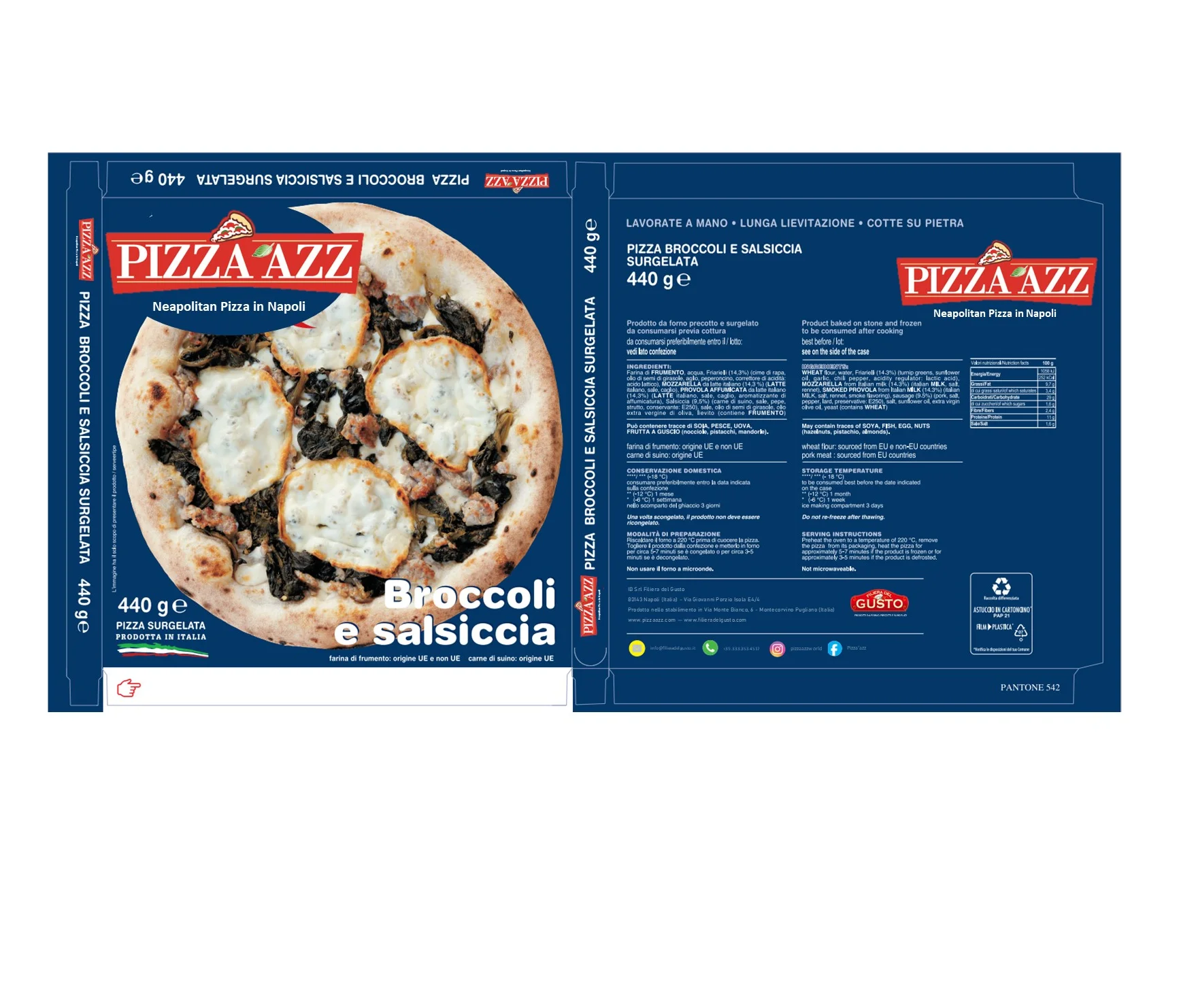 Top italian quality single box frozen handmade pizza with cooked Pork Sausages and Broccoli for sale
