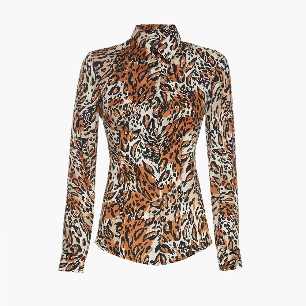 Italian Animalier Printed Shirt with Flat Collar|Long Sleeve with Button Cuff|Women Fashion