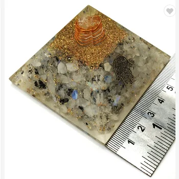 Rainbow Moonstone Orgonite Pyramid - Hamsa Hand, Hamsa Charm | EMF Orgone Pyramid, Organite Pyramid (Orgone Generator Crystal)