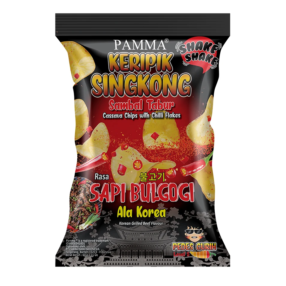 
PAMMA CASSAVA CHIPS WITH CHILLI FLAKES KOREAN GRILLED BEEF FLAVOUR - 60 G SACHET 