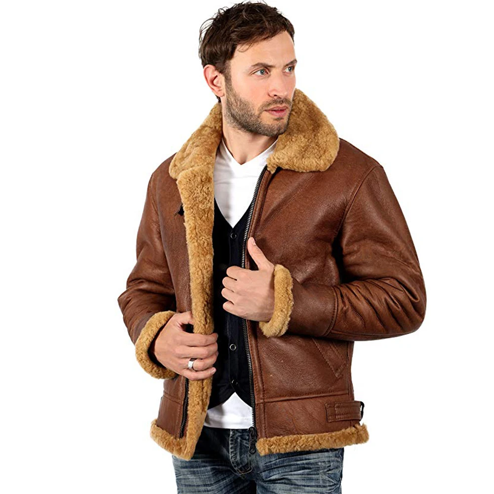 Top Quality Brown winter shearling original sheep leather coat for men with customized