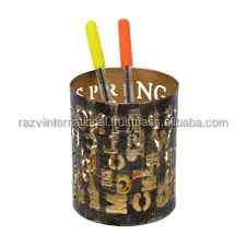 Stainless steel square shape golden leaf pen holder