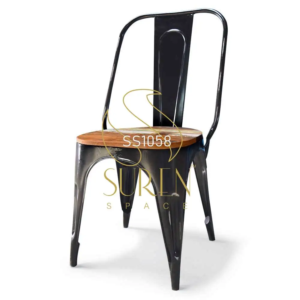 Black Distress Stack Able Metal Popular Chair with Wood Seating For Cafe Bistro Cafeteria Canteen & Food Court