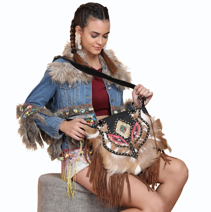 High Fashion Beaded Ethnic banjara Indian traditional natural goat fur crossbody Leather Sling Bag