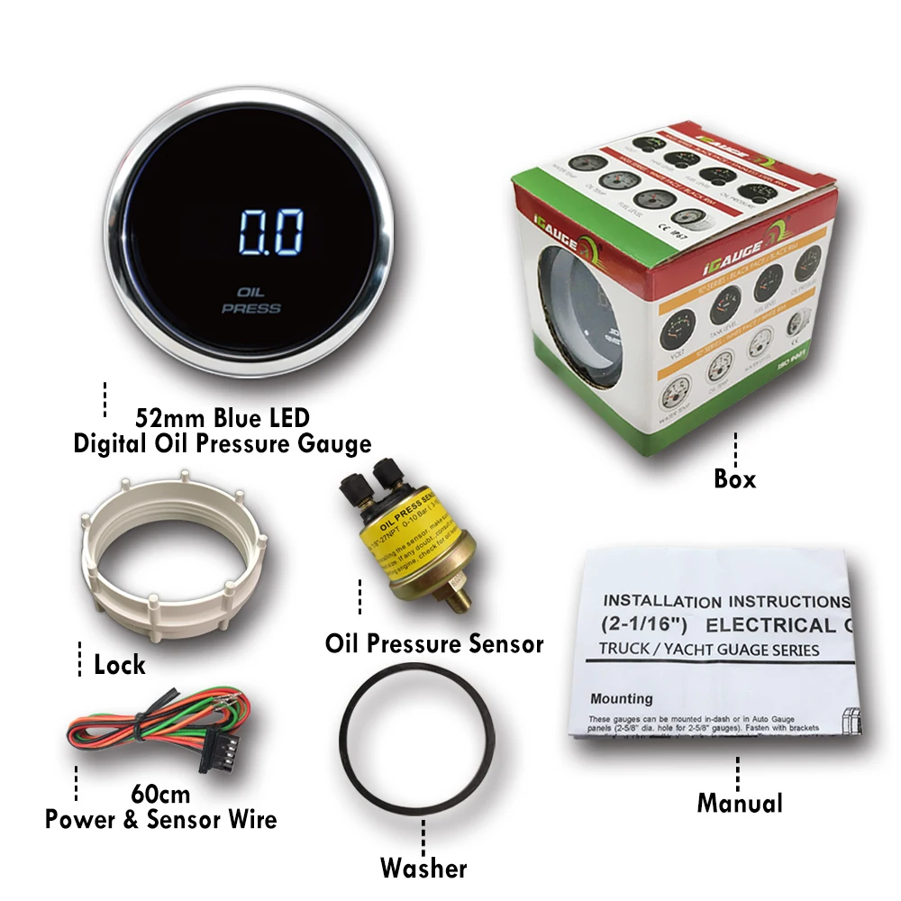 52mm digital black face blue LED waterproof rustproof oil pressure gauge for auto