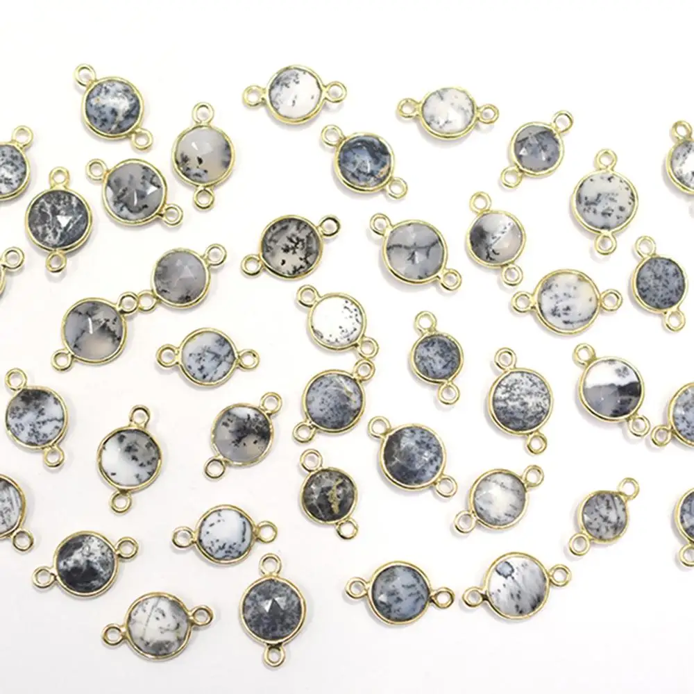 Dendritic Opal Round Shape 925 Sterling Silver Bezel Gold Plated Connector Handmade Jewelry Making