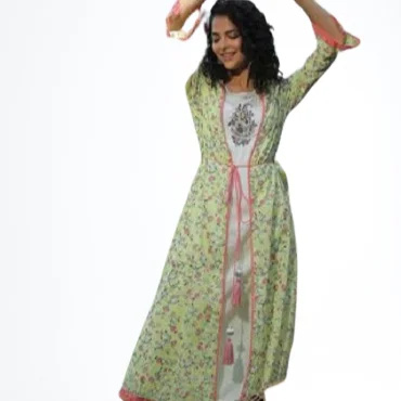 Women Jacket Style Kurta Pant Set Rayon printed Flared sleeves top Calf length Bottom Type Trouser floral layered