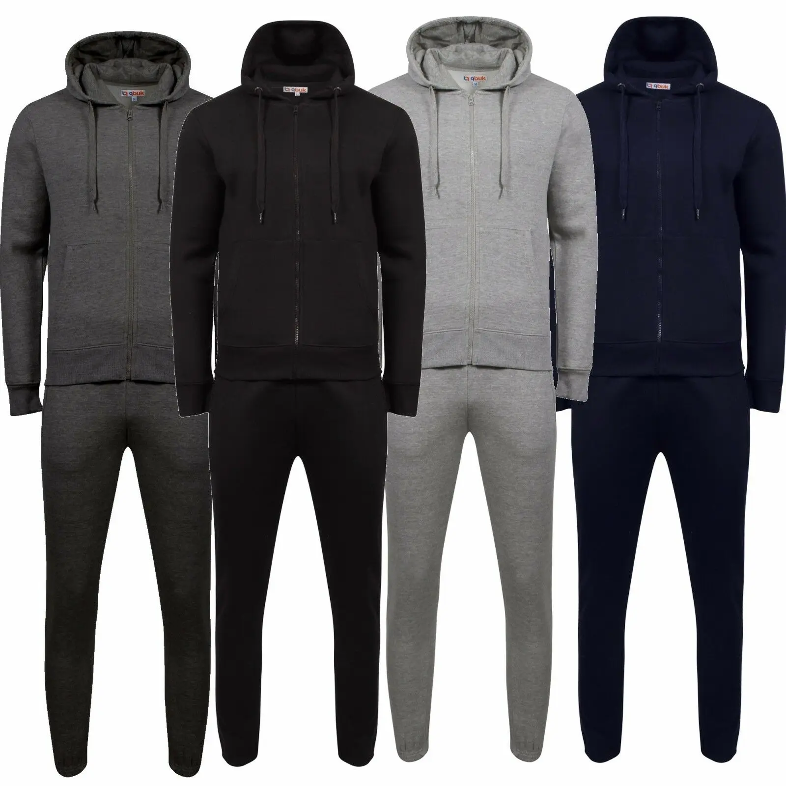 MENS TRACKSUIT SET FLEECE HOODIE TOP & BOTTOMS JOGGERS GYM PLAIN ZIP POCKETS NEW