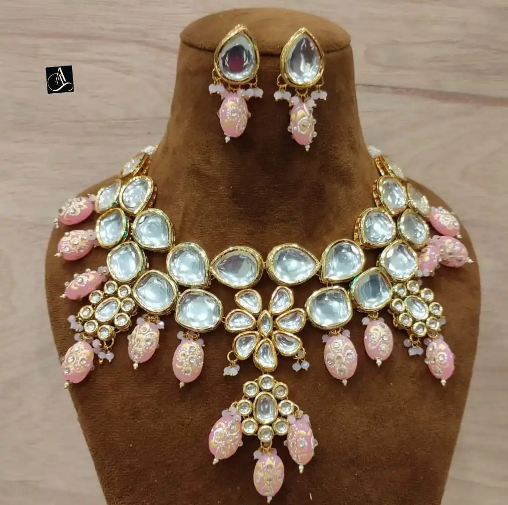 Big kundan stone and gold plated indian bridal heavy necklace with long earring in M Creation
