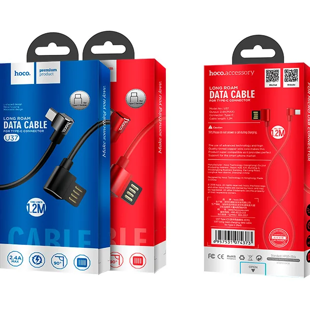 
90 degree L Shaped HOCO U37 Long roam charging elbow data cable for iPhone Micro USB Type C 1.2 meter TPE aluminum alloy 