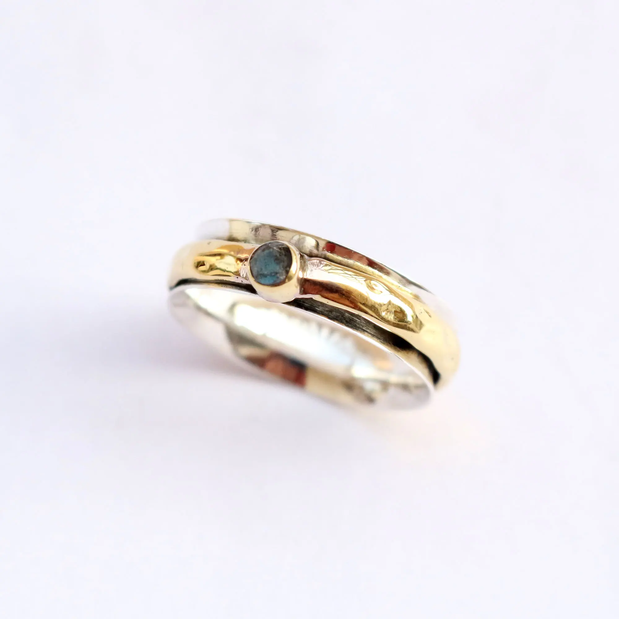 Натуральный голубой огненный Лабрадорит двухтонное серебро и латунь подвижное 925 пробы вертушка кольцо ювелирные изделия ручной работы