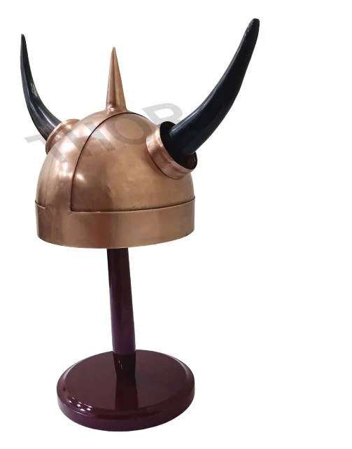 Medieval Armor Helmet 18 Gauge Steel Viking Helmet with Wooden Stand Buffalo Horns Head  Safety Arm Helmet Copper Polished