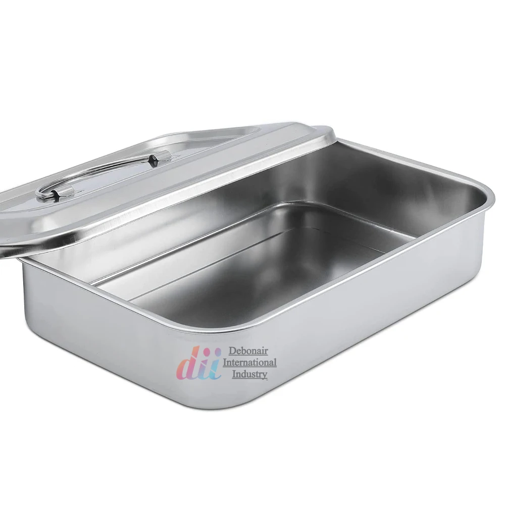 Medical Surgical Trays Stainless Steel Dental Instruments Tray Sterilization Trays Box with Lid & Handle Without Hole