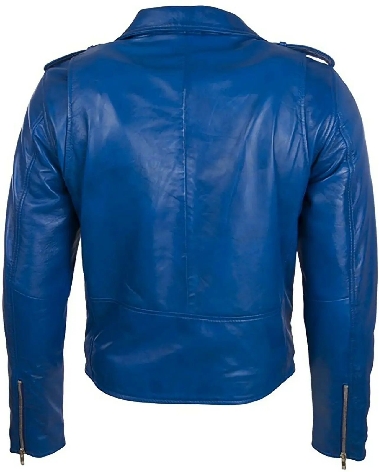 Mens Biker Jacket Zipper Motorbike Cowhide Fashion Collar Biker Leather Jacket BLUE