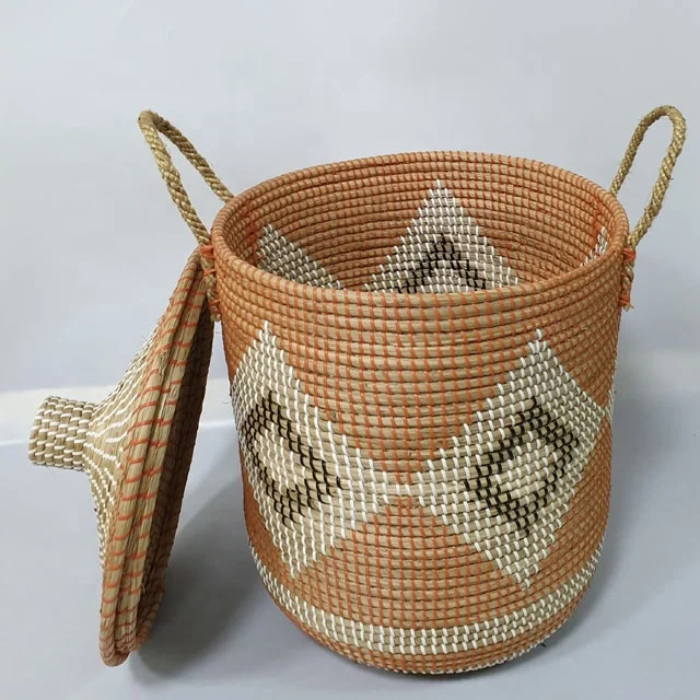 SMETA Manufacture from Vietnam woven wicker craft decoration seagrass household cleaning seagrass laundry basket with lids