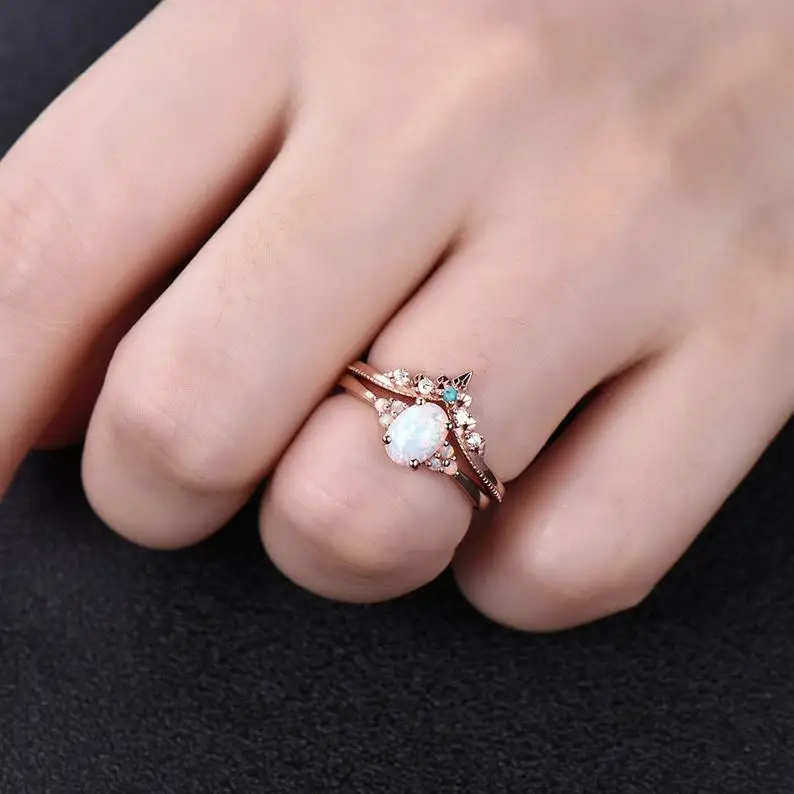 Обручальное кольцо с белым огненным опалом винтажный свадебный набор обещания из розового золота ручной работы Подарок на годовщину и день рождения для нее