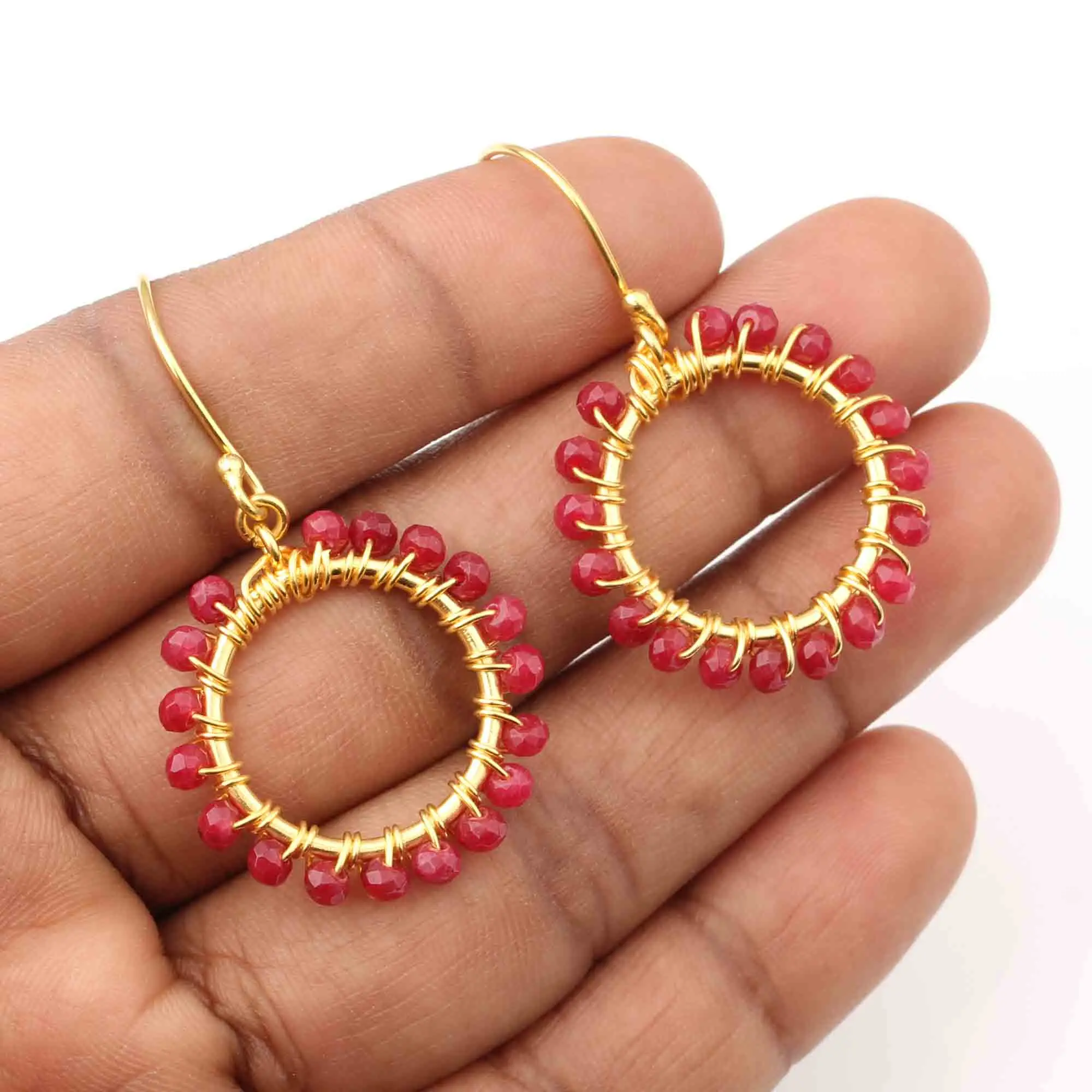 Latest Dyed Ruby Beads Gold Plated Round 2mm Beautiful Designer 925 Fabulous Classy Stylish Sterling Silver Circle Hoop Earring
