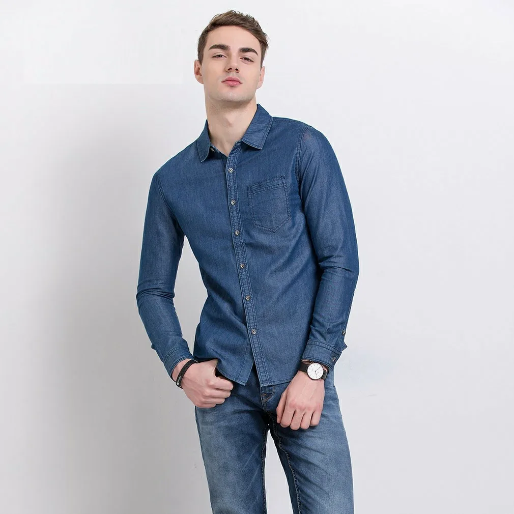 100% Cotton two pockets jeans washed denim shirts indigo light blue jeans shirts