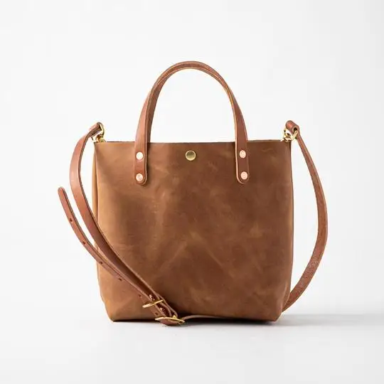 Cognac Mini Tote For Girls Real Leather Small Tote Bag For Ladies Christmas Gift Small Size Tote For Women