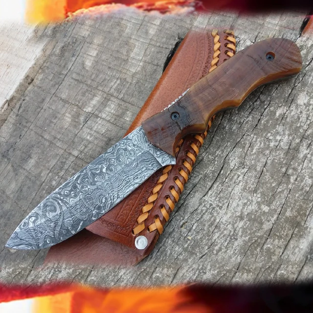 Damascus Steel Custom Handmade Hunting Outdoor Fixed Blade Knife With Sheep Horn Handle Best For Military Survival and Camping
